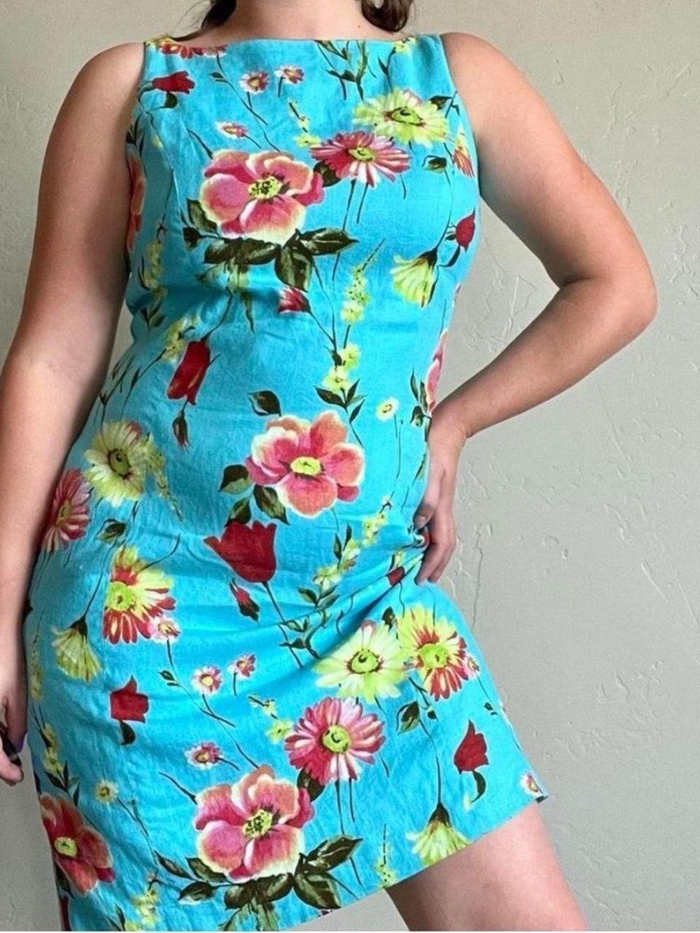90’s vintage Jones New York bright blue floral print linen shift dress - Picture 2 of 8
